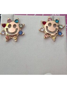 Gold Tone Sun Face Rainbow Rhinestone Stud Earrings Openwork Sunshine 1" NWOT